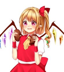 Rule 34 | 1girl, ascot, bad id, bad pixiv id, blonde hair, blush, bow, broken, broken heart, candy, chocolate, chocolate heart, cowboy shot, crying, crying with eyes open, flandre scarlet, food, hair between eyes, hair bow, heart, highres, nail polish, one side up, pink eyes, pointy ears, red bow, red nails, red vest, shinonome asu, short sleeves, simple background, solo, tears, touhou, valentine, vest, wavy mouth, white background, wings, wrist cuffs, yellow ascot