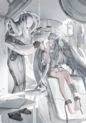 Rule 34 | 1girl, absurdres, aqua eyes, barefoot, commentary, cuffs, dress, flower, gawako, grey hair, grey wings, hand up, head wings, highres, holding, holding flower, indoors, intravenous drip, joints, long hair, looking at another, original, parted lips, profile, robot, robot joints, shackles, sitting, wings