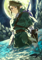 Rule 34 | 1boy, belt, belt buckle, blue eyes, brown belt, brown hair, buckle, closed mouth, ear piercing, green hat, green tunic, hat, highres, link, looking at viewer, male focus, master sword, moon, night, night sky, nintendo, outdoors, partially submerged, piercing, plant, pointy ears, pra 11, short hair, sidelocks, sky, solo, star (sky), swept bangs, sword, the legend of zelda, the legend of zelda: twilight princess, tunic, water, weapon, weapon on back, wet
