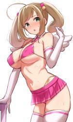 Rule 34 | 1girl, :o, ahoge, bikini, breasts, brown hair, commentary request, elbow gloves, gloves, green eyes, highres, idolmaster, idolmaster cinderella girls, large breasts, navel, pink bikini, sato shin, short hair, simple background, solo, standing, sweat, swimsuit, thighhighs, thighs, tomajiyama, twintails, white background, white gloves, white thighhighs