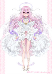 1girl absurdres angel angel_wings bare_shoulders blush breasts cleavage dancho_(dancyo) detached_collar dress feathered_wings full_body gradient_hair hair_ribbon halo heterochromia highres indie_virtual_youtuber kurumizawa_ririka long_hair looking_at_viewer medium_breasts multicolored_hair off-shoulder_dress off_shoulder pink_eyes pink_hair purple_eyes purple_hair ribbon see-through_clothes see-through_sleeves smile solo tachi-e thigh_strap virtual_youtuber white_dress white_wings wings