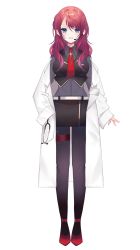 Rule 34 | 1girl, black skirt, black vest, blue eyes, breasts, collared shirt, grey shirt, hair behind ear, highres, hoshina sei, indie virtual youtuber, kom0980, lab coat, large breasts, long hair, necktie, off shoulder, official art, open hand, pantyhose, red hair, red necktie, shirt, skirt, sleeves past fingers, sleeves past wrists, smile, solo, stethoscope, thigh strap, vest, virtual youtuber, white background