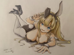 Rule 34 | 1girl, absurdres, animal ears, ass, bare shoulders, black footwear, black leotard, blonde hair, blue eyes, blush, breasts, chakoru, commentary request, double bun, fake animal ears, fake tail, feet up, fletcher (kancolle), hair bun, hair ornament, high heels, highres, kantai collection, large breasts, leotard, long hair, looking at viewer, lying, on stomach, open mouth, pantyhose, playboy bunny, rabbit ears, rabbit tail, simple background, smile, solo, star (symbol), star hair ornament, strapless, strapless leotard, tail, the pose, thighs, traditional media, white background, white pantyhose, wrist cuffs