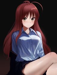 Rule 34 | 1girl, alternate costume, antenna hair, black background, blue shirt, blush, breasts, casual, closed mouth, commentary request, crossed legs, dracu-riot!, dress shirt, eyebrows hidden by hair, hair between eyes, hair down, hair intakes, hair over breasts, highres, large breasts, long hair, long sleeves, looking at viewer, miniskirt, off shoulder, red hair, shirt, sidelocks, simple background, skirt, smile, solo, tft (tft7822), very long hair, yarai miu, yellow eyes