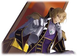 Rule 34 | 1boy, artist request, ascot, blonde hair, chess piece, closed mouth, coat, code geass, code geass: lost stories, dutch angle, epaulettes, game cg, gem, gloves, green gemstone, grey eyes, half-closed eyes, hand on own face, hands up, happy, high collar, highres, holding chess piece, jacket, king (chess), long sleeves, looking at viewer, male focus, non-web source, official art, on chair, open clothes, open coat, playing games, purple jacket, schneizel el britannia, short hair, sidelocks, simple background, sitting, smile, solo, transparent background, upper body, white ascot, white coat, white gloves