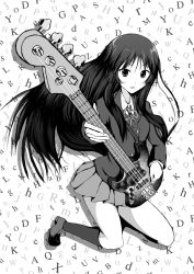 Rule 34 | 1girl, akiyama mio, bass guitar, black hair, greyscale, highres, instrument, k-on!, long hair, monochrome, socks, solo, tyranu, uniform