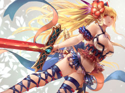 10s 1girl bare_shoulders bikini black_thighhighs blonde_hair bow breasts cleavage collarbone empty_eyes female_focus flower granblue_fantasy groin hair_between_eyes hair_bow hibiscus highres holding holding_sword holding_weapon large_breasts long_hair navel open_mouth red_bow red_eyes sidelocks signo_aaa solo swimsuit sword thighhighs vira_(granblue_fantasy) vira_(summer)_(granblue_fantasy) weapon white_bikini