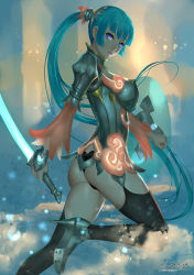 Rule 34 | 10s, 1girl, 2015, ariverkao, armor, ass, black legwear, black panties, blue eyes, blue hair, breasts, clenched hand, closed mouth, dated, from side, frown, glowing, glowing sword, glowing weapon, hair ornament, high heels, holding, holding sword, holding weapon, long hair, long sleeves, looking at viewer, matching hair/eyes, original, panties, ponytail, purple eyes, red lips, shield, shoe soles, signature, solo, sword, underwear, very long hair, walking, weapon