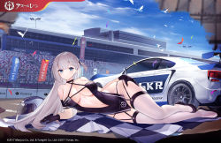 Rule 34 | 1girl, arm support, artist request, azur lane, bare arms, bare hips, bare shoulders, bird, black dress, black footwear, black gloves, blue eyes, blue sky, breasts, car, center opening, checkered flag, cleavage, clothes writing, collarbone, commentary request, copyright name, criss-cross halter, day, dress, enka (bcat), flag, gloves, halter dress, halterneck, hand on own hip, unworn headwear, helmet, unworn helmet, large breasts, long hair, looking at viewer, lying, mole, mole under eye, motor vehicle, navel, official alternate costume, official art, on ground, on side, one side up, outdoors, race queen, race vehicle, racecar, revealing clothes, short dress, shoukaku (azur lane), shoukaku (sororal wings) (azur lane), silver hair, skindentation, sky, sleeveless, sleeveless dress, solo, thighhighs, very long hair, white thighhighs