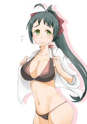 Rule 34 | 10s, 1girl, antenna hair, b-man, bow, breasts, cleavage, green eyes, green hair, hair bow, hair ribbon, irako (kancolle), kantai collection, long hair, looking at viewer, navel, open clothes, open shirt, ponytail, ribbon, shirt, simple background, solo, wavy mouth, white background