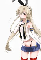 Rule 34 | 1girl, anchor hair ornament, black hairband, black neckerchief, black panties, blonde hair, blue sailor collar, blue skirt, commentary request, cowboy shot, crop top, elbow gloves, gloves, grey eyes, hair ornament, hairband, highleg, highleg panties, highres, kantai collection, kimura shiki, long hair, microskirt, miniskirt, neckerchief, one-hour drawing challenge, panties, pleated skirt, sailor collar, shimakaze (kancolle), simple background, skirt, solo, standing, striped clothes, striped thighhighs, thighhighs, underwear, white background, white gloves