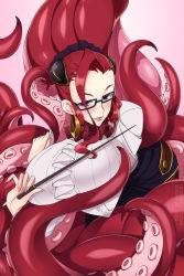 Rule 34 | 1girl, ahoge, black skirt, blush, breasts, center frills, commentary, cthulhy squele, english commentary, fingernails, frills, glasses, holding, huge ahoge, large breasts, lindaroze, lips, long hair, mature female, mole, mole under mouth, monster girl, monster musume no oisha-san, parted lips, ponytail, red hair, scylla, seductive smile, shirt, simple background, skirt, smile, solo, suction cups, tentacles, white shirt