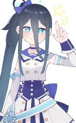 Rule 34 | 1girl, aqua halo, aris (blue archive), arm at side, black hair, blue archive, blue eyes, blush, choker, closed mouth, corset, crop top, detached sleeves, hair between eyes, halo, hand up, highres, kamo (kamonabe 44), long hair, looking at viewer, rectangular halo, sailor collar, salute, shirt, side ponytail, simple background, skirt, sleeveless, sleeveless shirt, smile, solo, star (symbol), two-finger salute, upper body, very long hair, white background, white shirt, white skirt