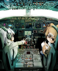 Rule 34 | 10s, 3girls, aircraft, airplane, airplane interior, alpaca ears, alpaca suri (kemono friends), animal ears, bird wings, blush, brown coat, brown hair, buttons, coat, cockpit, commentary request, cup, day, dial, doitsuken, eurasian eagle owl (kemono friends), eyelashes, from behind, fur-trimmed coat, fur collar, fur trim, grey coat, grey hair, hair over one eye, head wings, japari symbol, kemono friends, looking at viewer, looking back, multicolored hair, multiple girls, northern white-faced owl (kemono friends), owl ears, pantyhose, parted lips, pilot, pocket, reaching, reaching towards viewer, shoes, short hair, sitting, teacup, tray, uwabaki, v, white hair, white legwear, wings