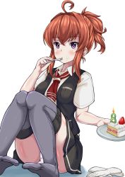 Rule 34 | 1girl, ahoge, alternate hairstyle, arashi (kancolle), black skirt, black thighhighs, black vest, breasts, cake, cake slice, chaos 0829, dress shirt, eating, food, gloves, unworn gloves, highres, holding, holding plate, holding spoon, kantai collection, kerchief, medium hair, neckerchief, panties, plate, pleated skirt, ponytail, purple eyes, red hair, red neckerchief, shirt, sitting, skirt, small breasts, solo, spoon, thighhighs, underwear, vest, white gloves, white panties, white shirt