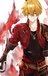 Rule 34 | 1boy, arm guards, black gloves, black shirt, blonde hair, closed mouth, dog tags, earrings, fingerless gloves, fire, genshin impact, gloves, green eyes, hair between eyes, high collar, highres, jacket, jewelry, looking at viewer, necklace, penyo1989, red jacket, shirt, short hair, thoma (genshin impact), vision (genshin impact)
