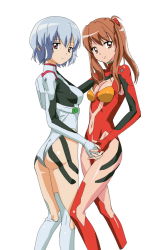 Rule 34 | 2girls, :/, adapted costume, ass, ayanami rei, blue eyes, blue hair, breasts, brown eyes, brown hair, cleavage, cleavage cutout, closed mouth, clothing cutout, expressionless, fingerless gloves, from side, gloves, groin, hair over shoulder, headgear, highleg, highleg leotard, holding hands, interlocked fingers, kneepits, leotard, lips, lipstick, long hair, looking at viewer, looking back, makacoon, makeup, medium breasts, multiple girls, navel, navel cutout, neon genesis evangelion, pilot suit, plugsuit, purple eyes, red eyes, red legwear, red leotard, shiny skin, short hair, simple background, skinny, small breasts, souryuu asuka langley, standing, thighhighs, turtleneck, white background, white legwear, white leotard