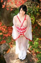 Rule 34 | 1girl, asian, black hair, breasts, flower, from above, highres, japanese (nationality), japanese clothes, kimono, looking at viewer, nipples, nude, outdoors, photo (medium), see-through, see-through clothes, short hair, solo, suzumura airi