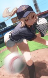 Rule 34 | 1girl, absurdres, baseball, baseball cap, baseball glove, baseball stadium, black socks, blonde hair, blue sky, blurry, closed mouth, commentary request, depth of field, dutch angle, eyes visible through hair, feet out of frame, flying sweatdrops, hair over eyes, hat, highres, korean commentary, leaning forward, looking ahead, motion blur, original, ponytail, red eyes, seorang, shirt tucked in, short shorts, shorts, sidelocks, sky, socks, solo, standing, thighs, throwing, v-shaped eyebrows, white shorts