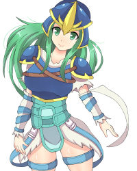 Rule 34 | 1girl, armor, blue armor, fire emblem, fire emblem: radiant dawn, green eyes, green hair, helmet, himuyoshiki, long hair, looking at viewer, matching hair/eyes, nephenee, nintendo, pauldrons, shoulder armor, simple background, smile, solo, thighs, white background