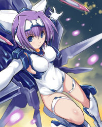 Rule 34 | 1girl, blue eyes, blush, breasts, covered erect nipples, detached sleeves, exelica, maruto!, mecha musume, medium breasts, one-piece swimsuit, purple hair, school swimsuit, short hair, solo, swimsuit, trigger heart exelica, white school swimsuit, white one-piece swimsuit