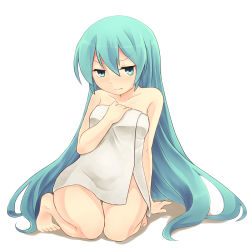 Rule 34 | 1girl, aqua eyes, aqua hair, arm support, bare shoulders, barefoot, blush, curvy, frown, full body, hair down, hatsune miku, kneeling, long hair, naked towel, reki (arequa), simple background, solo, towel, very long hair, vocaloid, wavy mouth, white background