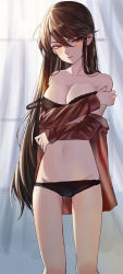 Rule 34 | 1girl, arm around waist, bare shoulders, black bra, black hair, black panties, blouse, blush, bra, breasts, cleavage, collarbone, commentary request, covering privates, covering breasts, fate/grand order, fate (series), hair between eyes, half-closed eyes, highres, long hair, long sleeves, looking at viewer, march ab, medium breasts, nail polish, navel, oda nobunaga (fate), oda nobunaga (koha-ace), off shoulder, open clothes, open shirt, panties, red eyes, red nails, shirt, solo, standing, stomach, strap slip, swept bangs, thighs, underwear, upper body, very long hair, window