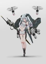 Rule 34 | 1girl, absurdres, bare legs, bare shoulders, black footwear, blue eyes, blush, boots, breasts, collarbone, commentary request, drone, full body, gradient background, grey background, groin, hair ornament, highres, holding, holding sword, holding weapon, long hair, looking at viewer, machinery, mecha musume, midriff, navel, oota youjo, original, parted lips, revealing clothes, shadow, silver hair, small breasts, solo, standing, sword, thighs, two side up, v-shaped eyebrows, weapon