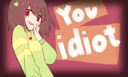 Rule 34 | :d, androgynous, brown hair, chara (undertale), dayuh, english text, evil smile, flower, gender request, glowing, glowing eye, hair flower, hair ornament, hairpin, hand on own cheek, hand on own face, heart, heart necklace, jewelry, looking at viewer, necklace, open mouth, pendant, red eyes, shaded face, smile, solo, spoilers, striped clothes, striped sweater, sweater, undertale, upper body