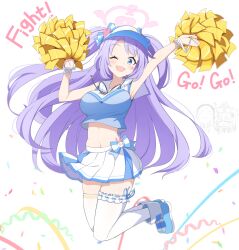 Rule 34 | 1boy, 2girls, armpits, blue archive, blue eyes, blue footwear, blush, boots, breasts, cheering, cheerleader, doodle sensei (blue archive), hair ornament, halo, hanae (blue archive), hanae (cheer squad) (blue archive), hat, highres, holding, holding pom poms, hoshino ouka, large breasts, long hair, multiple girls, navel, one eye closed, open mouth, pink halo, pleated skirt, pom pom (cheerleading), pom poms, purple hair, sensei (blue archive), serina (blue archive), skirt, smile, thighhighs, two side up, white skirt, white thighhighs, x hair ornament