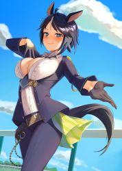 Rule 34 | 1girl, absurdres, ahoge, animal ears, belt, between breasts, black hair, blouse, blue sky, blush, breasts, chain, cleavage, closed mouth, cloud, collared shirt, commentary, commission, cowboy shot, ear piercing, forehead, frills, fuji kiseki (umamusume), gloves, hand on own chest, highres, horse ears, horse girl, horse tail, large breasts, long sleeves, looking at viewer, multicolored hair, necktie, necktie between breasts, o-ring, outdoors, outstretched hand, pants, parted bangs, partially fingerless gloves, piercing, railing, shadow, shirt, short hair, skeb commission, sky, smile, solo, sweat, tail, tree, two-tone hair, umamusume, v-shaped eyebrows, white hair, white shirt, wide sleeves, yoshimori isa