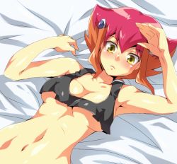 Rule 34 | 1girl, armpits, blush, breasts, cleavage, covered erect nipples, crop top, crop top overhang, hair ornament, hairclip, kouzuki anna, lying, midriff, mugicha (sukimachaya), multicolored hair, navel, on back, on bed, orange hair, out-of-frame censoring, pink hair, short hair, solo, two-tone hair, yellow eyes, yu-gi-oh!, yu-gi-oh! zexal, yuu-gi-ou, yuu-gi-ou zexal