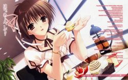 Rule 34 | blush, brown eyes, brown hair, cake, food, fork, fruit, highres, pastry, ribbon, short hair, solo, strawberry, suzuhira hiro, translation request, watch, wristwatch