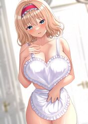 Rule 34 | 1girl, alice margatroid, apron, bare shoulders, blonde hair, blue eyes, breasts, cleavage, hairband, highres, large breasts, lolita hairband, medium hair, naked apron, reijing etrn, solo, thick thighs, thighs, touhou