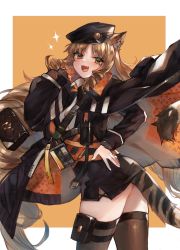 Rule 34 | 1girl, :d, animal ears, arknights, belt, belt pouch, black hat, black jacket, black shirt, blouse, brown hair, brown thighhighs, cowboy shot, dress shirt, fang, gloves, green eyes, hand on own hip, hand up, hat, highres, id card, jacket, jacket on shoulders, leg belt, long hair, long sleeves, looking at viewer, open mouth, peaked cap, pouch, ryuuji teitoku, shirt, single glove, smile, solo, standing, strap, swire (arknights), tail, thigh strap, thighhighs, tiger ears, tiger girl, tiger tail, very long hair, zettai ryouiki