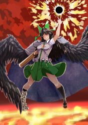 Rule 34 | 1girl, absurdres, arm cannon, asymmetrical footwear, bird wings, black hair, black sun, black wings, bow, closed mouth, collared shirt, commentary, full body, green bow, green skirt, hair bow, highres, kyoto kiranami, long hair, mismatched footwear, red eyes, reiuji utsuho, shirt, short sleeves, skirt, smile, solo, standing, sun, third eye, touhou, weapon, white shirt, wings