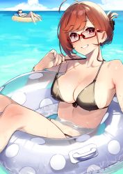 Rule 34 | 2girls, 92m, afloat, ahoge, bare arms, bare shoulders, bikini, black bikini, blush, bracelet, brown hair, collarbone, day, folded ponytail, glasses, grin, highres, innertube, jewelry, kinshi no ane (92m), looking back, multiple girls, ocean, original, outdoors, parted lips, partially submerged, red-framed eyewear, red hair, smile, solo focus, strap lift, swim ring, swimsuit, water