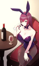 Rule 34 | 1girl, absurdres, animal ears, bottle, bow, bowtie, breasts, chair, cup, detached collar, drinking glass, fake animal ears, fate/grand order, fate (series), highres, large breasts, leotard, long hair, looking at viewer, official alternate costume, playboy bunny, purple bow, purple bowtie, purple hair, purple leotard, rabbit ears, red eyes, scathach (fate), scathach (piercing bunny) (fate), smile, solo, strapless, strapless leotard, table, very long hair, wine bottle, wine glass, wrist cuffs, yuuge ningen