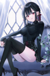 Rule 34 | 1girl, bad id, bad pixiv id, black flower, black footwear, black hair, black rose, black skirt, black thighhighs, blush, crescent, crescent earrings, curtains, ear piercing, earrings, eyes visible through hair, fingernails, flower, hair ribbon, high heels, highres, impossible clothes, jewelry, light blush, light particles, looking at viewer, medium hair, mizuki (nekoyashiki pushio), nekoyashiki pushio, original, outer glow, parted lips, piercing, plaid, plaid skirt, plant, red eyes, red ribbon, ribbon, rose, shiny skin, sitting, skirt, sleeves past wrists, smile, solo, thighhighs, turtleneck, window