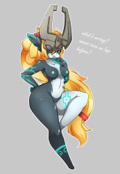 Rule 34 | 1girl, black skin, breasts, collarbone, colored sclera, colored skin, fang, full body, glowing markings, glowing nipples, grey background, grey skin, helmet, highres, long hair, looking at viewer, medium breasts, midna, multicolored skin, navel, nintendo, nipples, one eye covered, open mouth, orange hair, pointy ears, pussy, red eyes, simple background, solo, text focus, the legend of zelda, the legend of zelda: twilight princess, two-tone skin, uncensored, yellow sclera