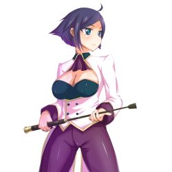 Rule 34 | 1girl, ahoge, ascot, bad id, bad pixiv id, blue eyes, blue hair, breasts, cleavage, cleavage cutout, clothing cutout, elisabeth blanctorche, jacket, large breasts, minahase karin, pants, riding crop, short hair, simple background, solo, the king of fighters, white background