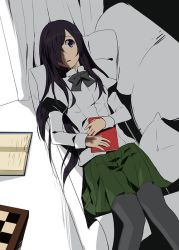 Rule 34 | 1girl, a (phrase), black hair, book, bow, bowtie, couch, green skirt, hair over one eye, holding, holding book, ikezawa hanako, katawa shoujo, long hair, long sleeves, looking to the side, lying, official art, on back, open mouth, pantyhose, puffy sleeves, purple eyes, scar, school uniform, skirt, solo, weee (raemz)