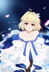 1girl ahoge arcueid_brunestud blonde_hair breasts commentary dress eyelashes falling_leaves fate/grand_order fate_(series) from_above highres leaf looking_up medium_breasts open_mouth red_eyes solo tsukihime ttriwk white_dress