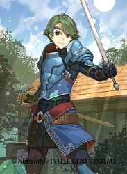Rule 34 | 1boy, alm (fire emblem), armor, cape, circlet, company connection, copyright name, day, falchion (fire emblem), fire emblem, fire emblem cipher, fire emblem echoes: shadows of valentia, gauntlets, gloves, green eyes, green hair, hidari (left side), holding, holding sword, holding weapon, looking at viewer, male focus, nintendo, official art, outdoors, sheath, short hair, shoulder armor, shoulder pads, sky, smile, solo, sword, weapon