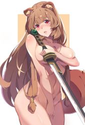Rule 34 | 1girl, aisha (rfrm), animal ears, areola slip, blush, breasts, brown hair, cleavage, completely nude, covering privates, covering breasts, covering crotch, cowboy shot, groin, highres, katana, large breasts, long hair, nude, open mouth, raccoon ears, raccoon girl, raccoon tail, raphtalia, red eyes, simple background, solo, sword, tail, tate no yuusha no nariagari, twintails, very long hair, weapon