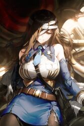 Rule 34 | 1girl, absurdres, bandaged head, bandages, bare shoulders, belt, black eyes, black pantyhose, blood, blood on face, blue necktie, blue skirt, breasts, brown belt, brown hair, closed mouth, detached sleeves, goddess of victory: nikke, hashtag only commentary, high-waist skirt, highres, large breasts, long hair, lying, marian (nikke), mecha musume, necktie, on back, pantyhose, shirt, short necktie, skirt, smile, solo, sowb, torn clothes, torn skirt, white shirt
