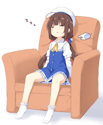 Rule 34 | 10s, 1girl, :o, ahoge, armchair, beret, blue dress, blush, bobby socks, chair, closed eyes, commentary request, disembodied hand, dress, facing viewer, hat, hatsunatsu, hinatsuru ai, layered sleeves, long hair, long sleeves, low twintails, no shoes, parted lips, puffy short sleeves, puffy sleeves, ryuuou no oshigoto!, school uniform, short over long sleeves, short sleeves, sitting, sleeping, socks, solo, twintails, very long hair, white background, white hat, white socks, zzz