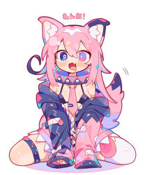 Rule 34 | 1girl, absurdres, animal ears, blue eyes, bra, dog ears, dog girl, dog tail, fang, full body, heterochromia, highres, looking at viewer, mismatched pupils, necktie, original, pink eyes, pink hair, pink necktie, ringed eyes, simple background, skin fang, tail, tongue, tongue out, uenomigi, underwear, white background