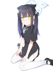 Rule 34 | 1girl, absurdres, animal ear fluff, animal ears, black dress, black footwear, black hair, blue archive, blunt bangs, china dress, chinese clothes, dress, green eyes, hands on own thighs, highres, long hair, looking at viewer, mary janes, minagawa rei (uru), shoes, short sleeves, shun (blue archive), shun (small) (blue archive), simple background, sitting, smile, solo, thighhighs, thighs, tiger ears, tiger girl, twintails, white background, white thighhighs