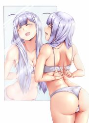 Rule 34 | 10s, 1girl, adjusting bra, adjusting clothes, ahoge, ass, blush, bra, breasts, cleavage, cross hair ornament, closed eyes, gabriel dropout, hair ornament, large breasts, long hair, looking at mirror, mirror, panties, raphiel shiraha ainsworth, removing bra, rixch, smile, solo, undersized clothes, underwear, underwear only, open bra, white bra, white hair, white panties, worried